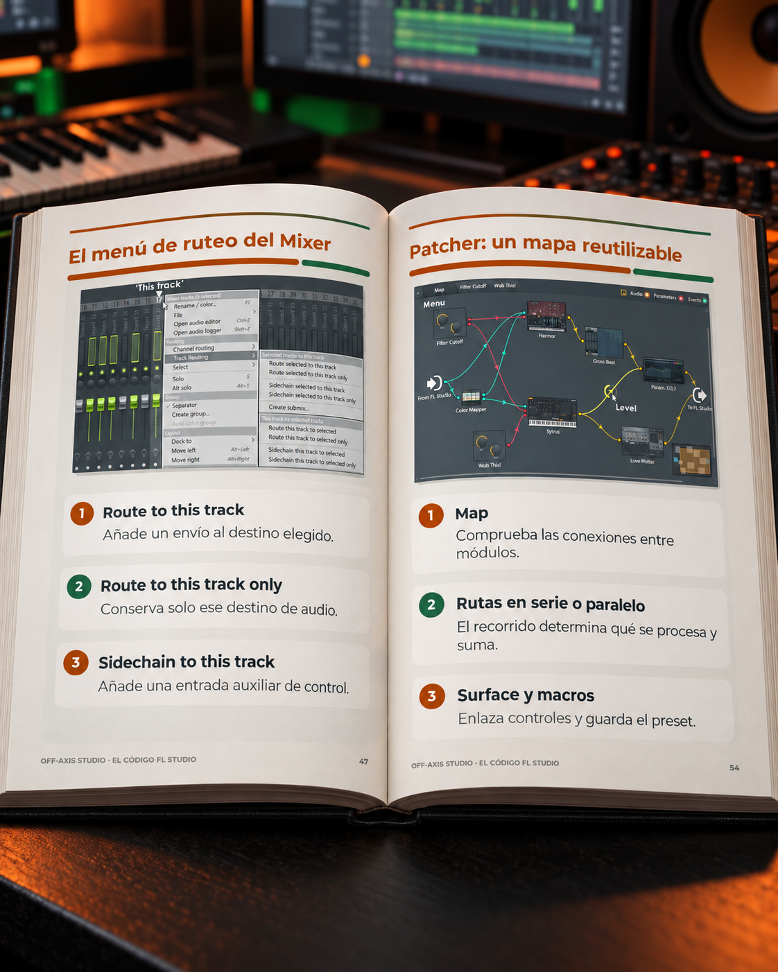 Muestras de páginas interiores y diagramas técnicos del libro El Código FL Studio