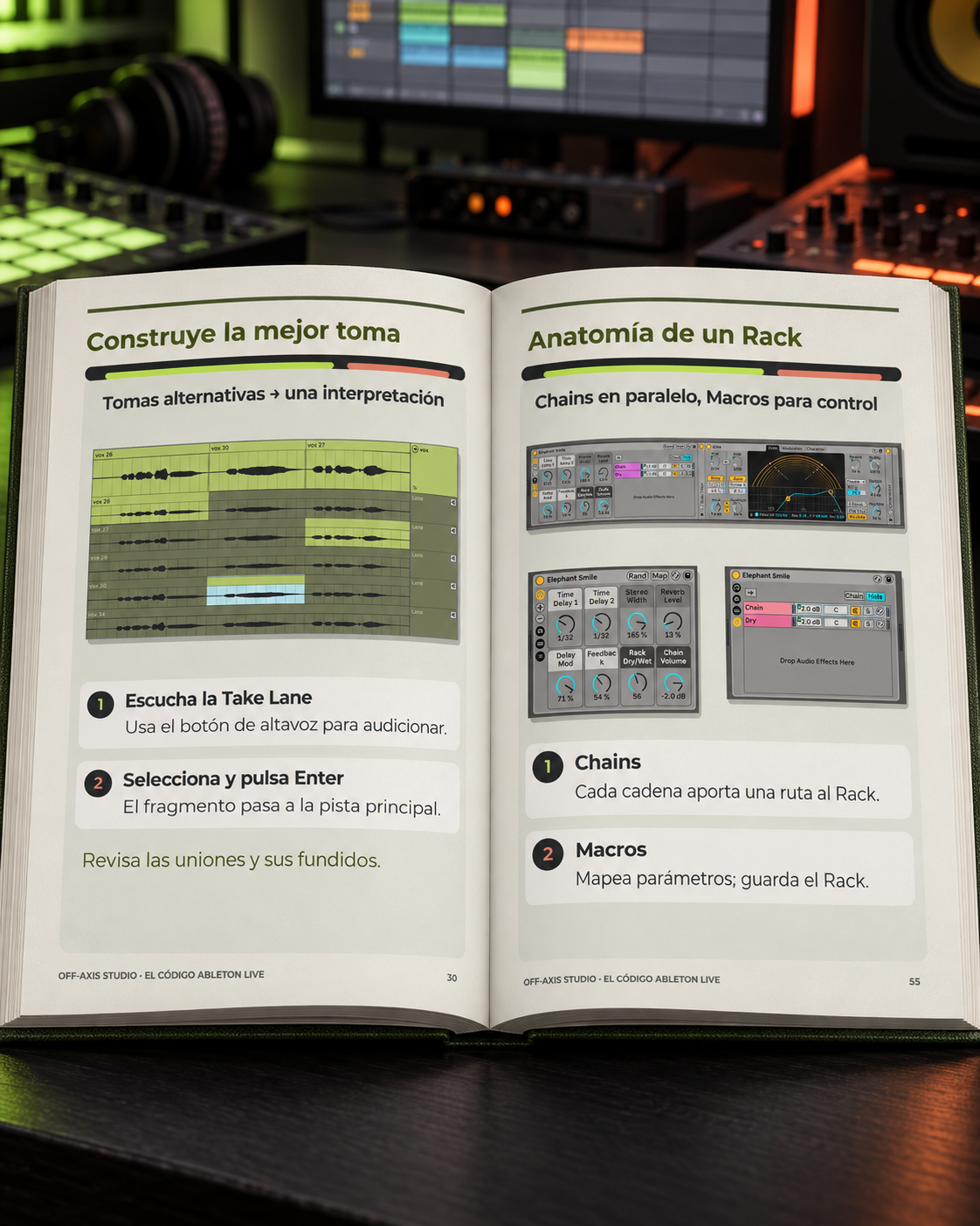 Muestras de páginas interiores y diagramas técnicos del libro El Código Ableton Live
