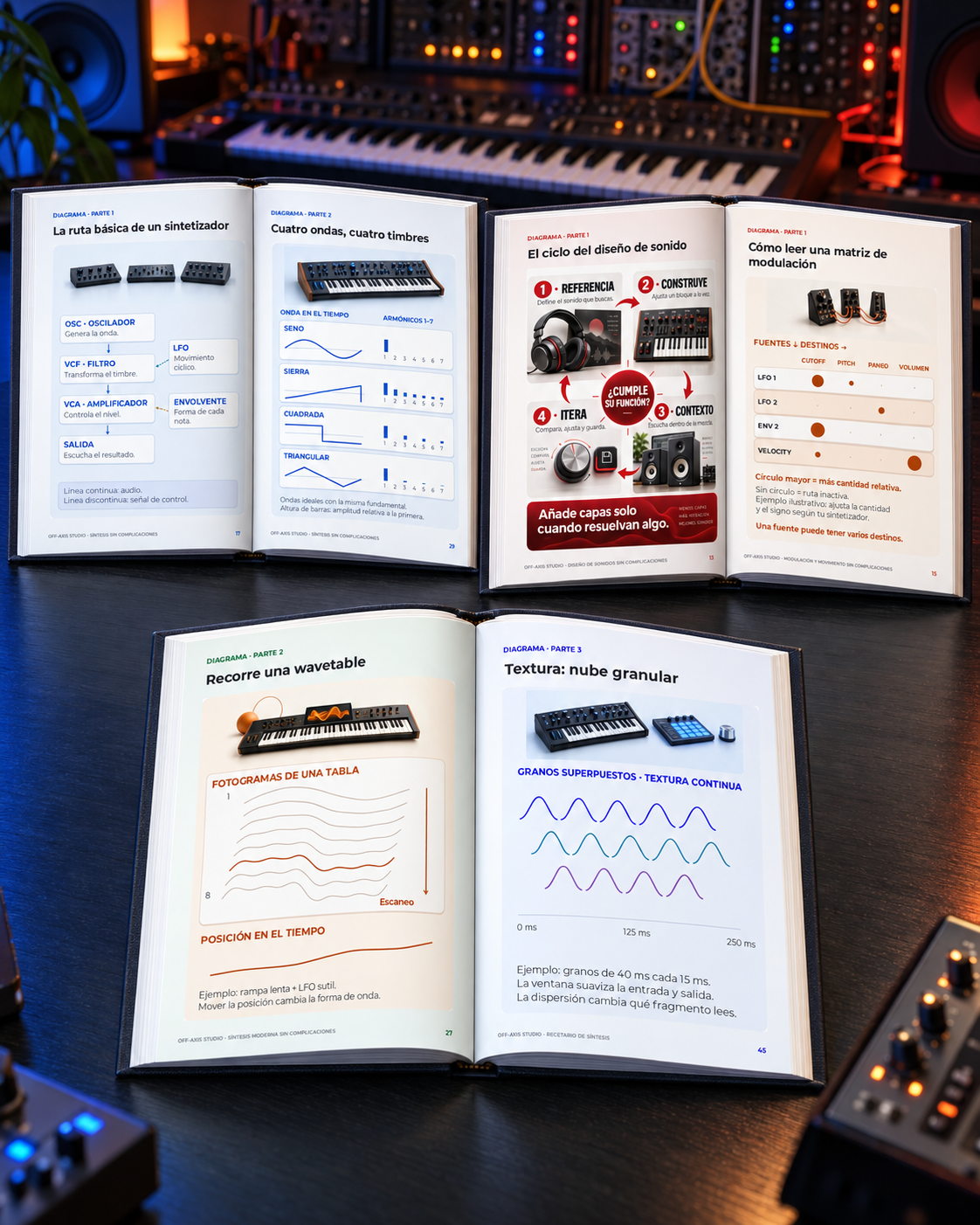 Páginas interiores del Bundle de Síntesis: ruta básica, cuatro formas de onda con armónicos, ciclo de diseño sonoro, matriz de modulación, wavetable y nubes granulares