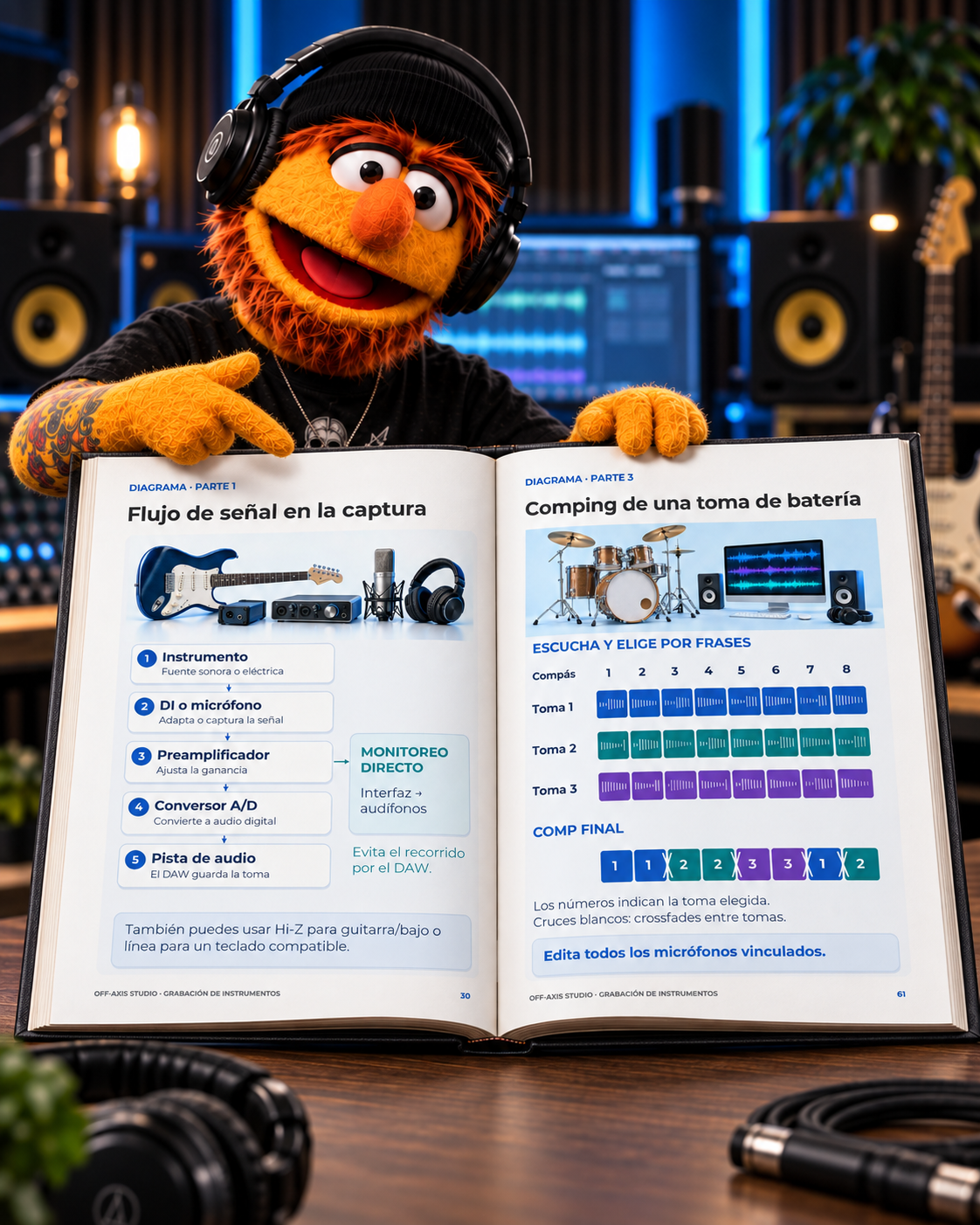 Vistazo a las páginas interiores, esquemas y diagramas del libro Grabación de Instrumentos Sin Complicaciones