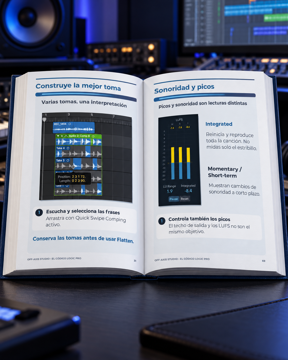 Muestras de páginas interiores y diagramas técnicos del libro El Código Logic Pro