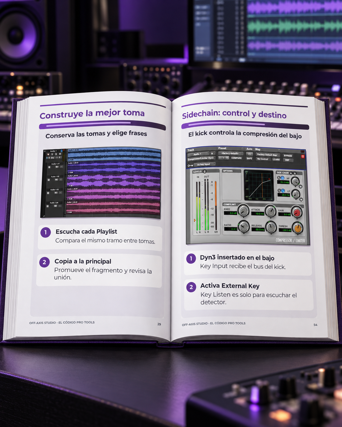 Muestras de páginas interiores y diagramas técnicos del libro El Código Pro Tools