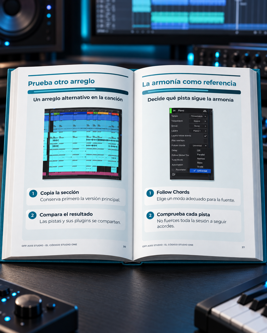 Muestras de páginas interiores y diagramas técnicos del libro El Código Studio One