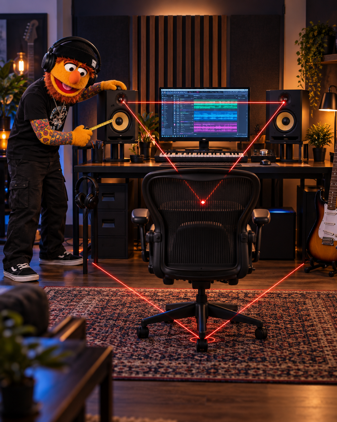 Don Fader calibrando el triángulo equilátero de monitores con cinta métrica y líneas láser en el estudio