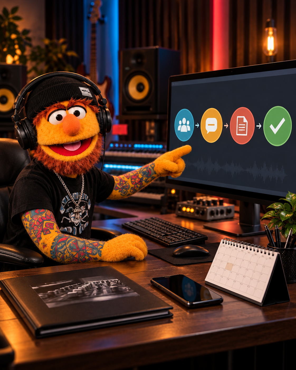 Don Fader explicando el embudo comercial del productor en la pantalla de su estudio