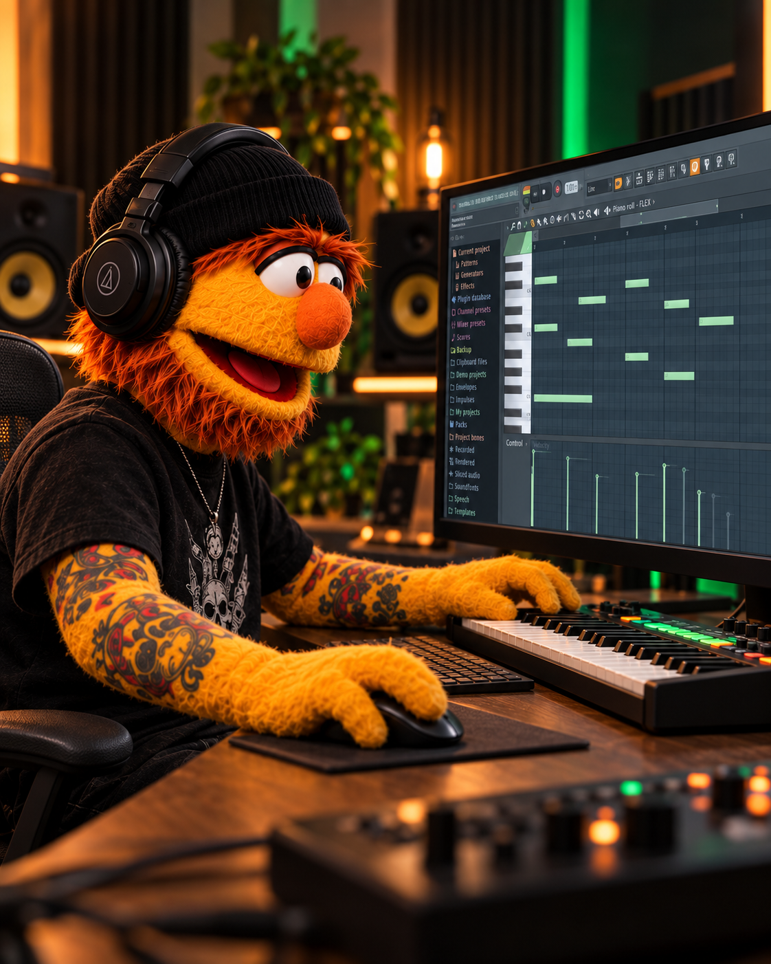 Don Fader operando controladores y monitoreando la sesión en FL Studio