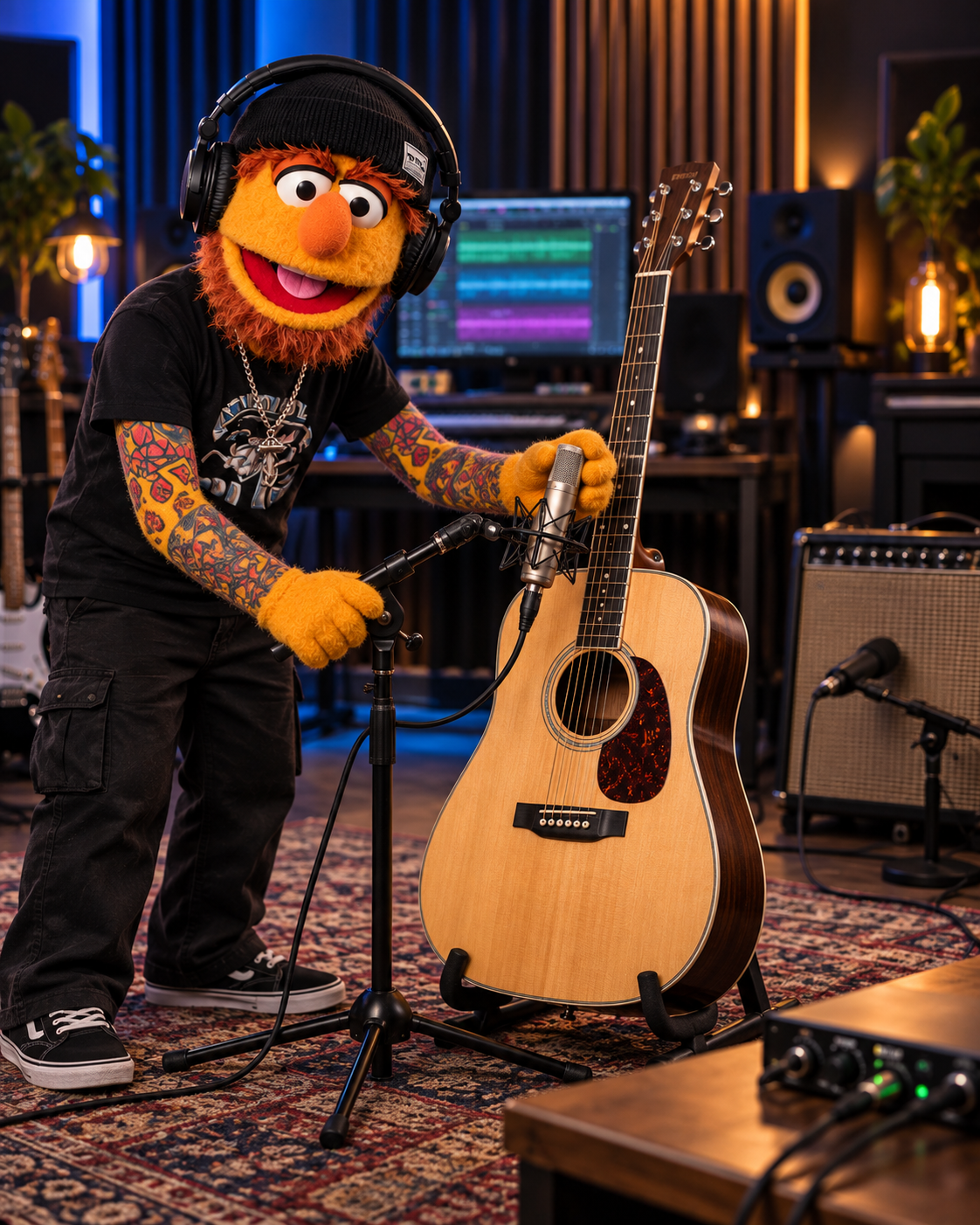 Don Fader ajustando con precisión un micrófono de condensador apuntando al traste 12 de una guitarra acústica