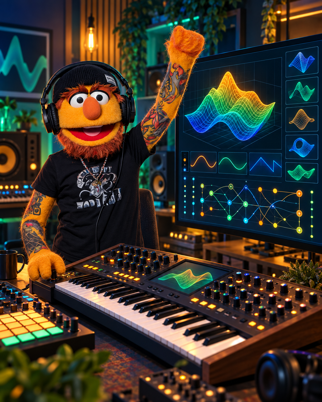 Don Fader celebrando al programar un sintetizador wavetable con matriz de modulación en su estudio