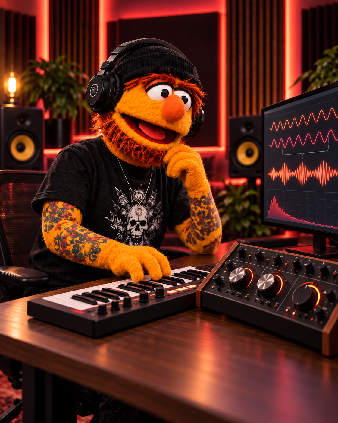 Don Fader ajustando perillas de sintetizadores analógicos en el estudio con iluminación rojiza