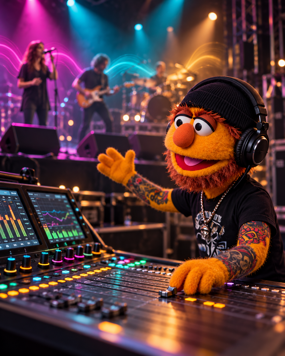 Don Fader explicando el control de acoples y la acústica de sala en el escenario