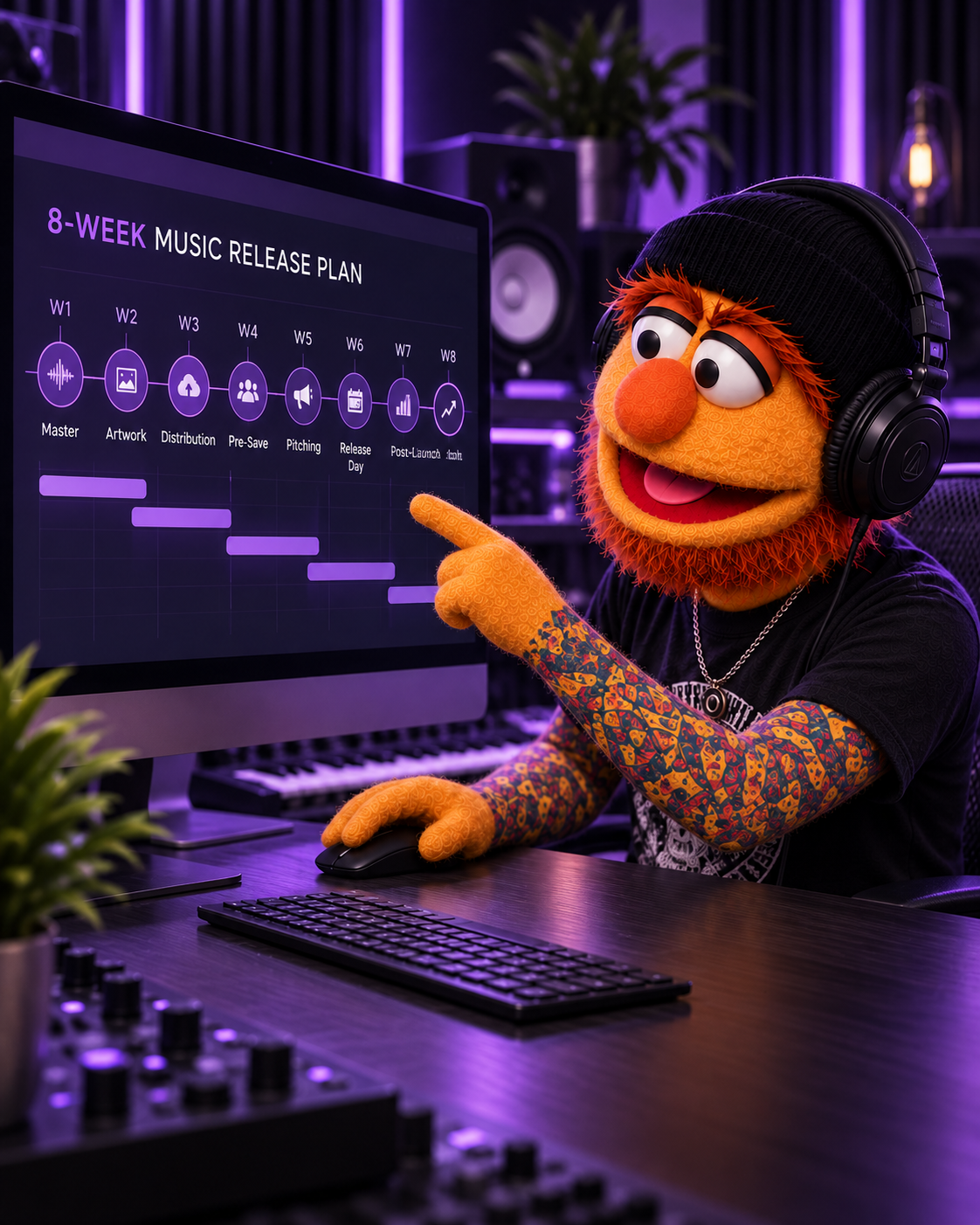 Don Fader explicando el plan de lanzamiento de 8 semanas en el monitor del estudio