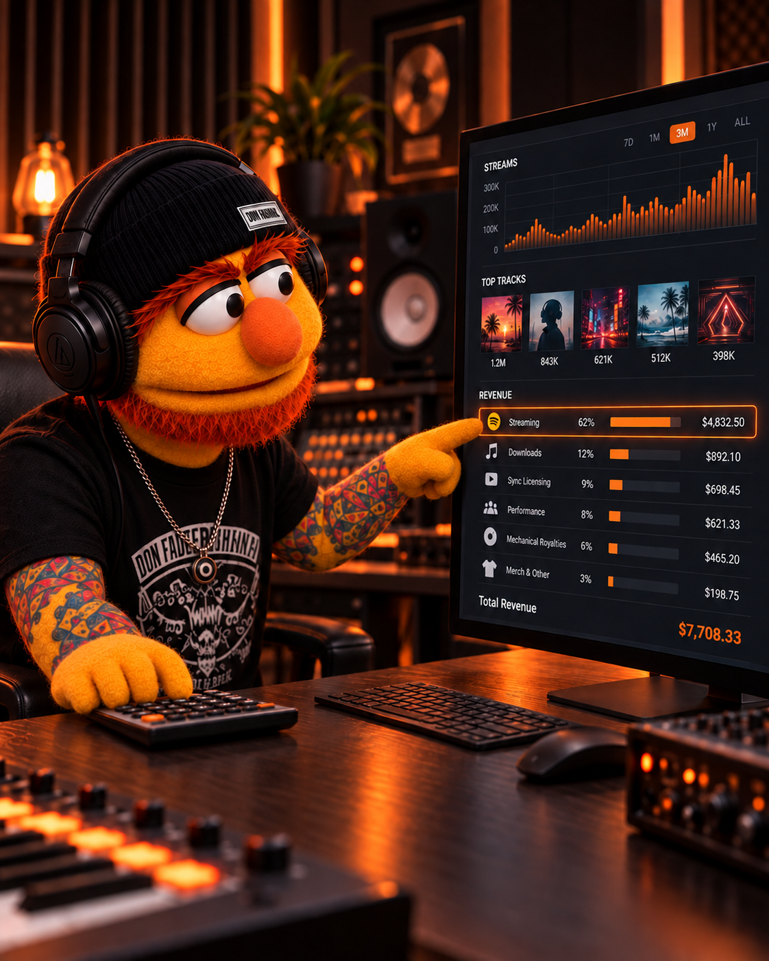 Don Fader analizando el desglose de ingresos y regalías de música