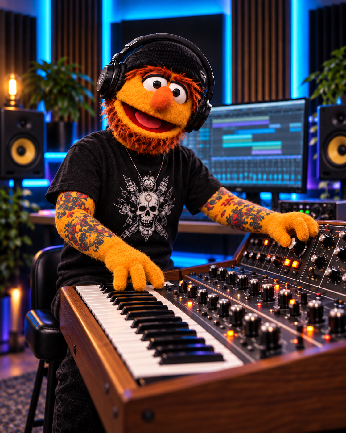 Don Fader operando y cableando el sintetizador con cables de patch en el estudio