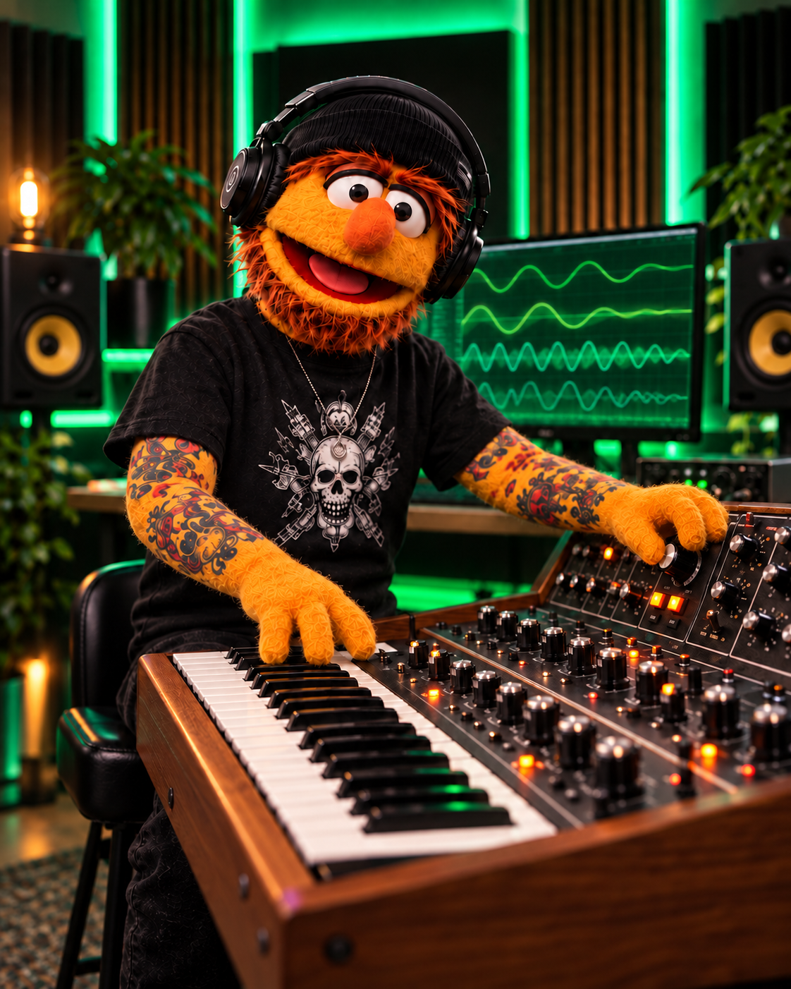 Don Fader operando sintetizadores modernos e interfaces de modulación en el estudio