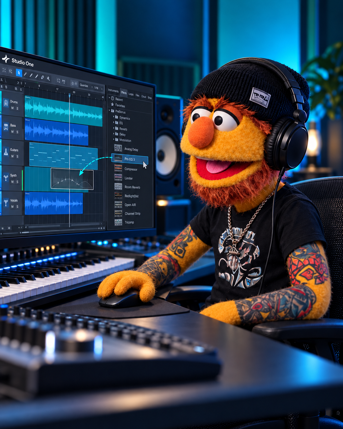 Don Fader en el estudio operando interfaces y editando tomas con Studio One