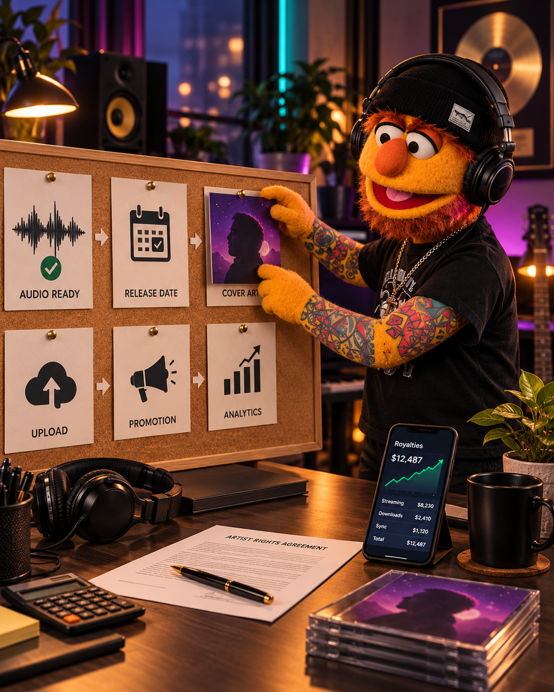 Don Fader organizando el tablero de producción, distribución y contratos de lanzamiento