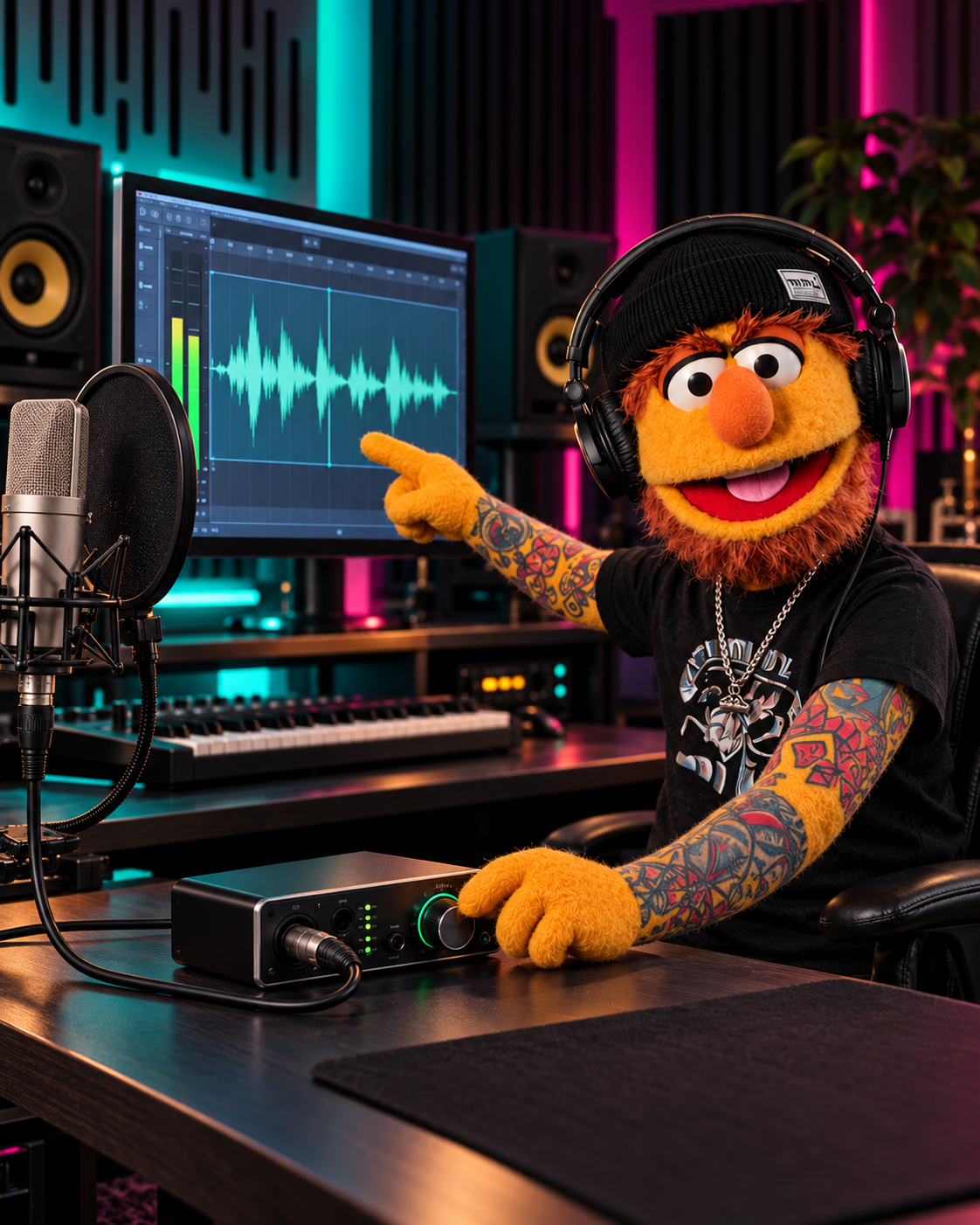 Don Fader ajustando la ganancia con halo verde seguro en su interfaz de audio apuntando a una onda sin distorsión en la pantalla