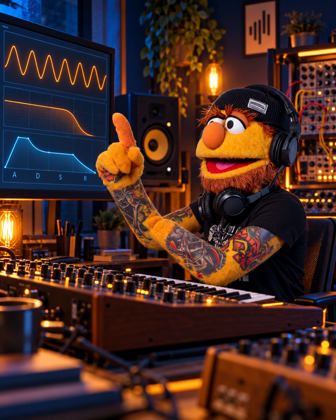 Don Fader señalando la curva de filtro y envolvente ADSR en la pantalla de su estudio