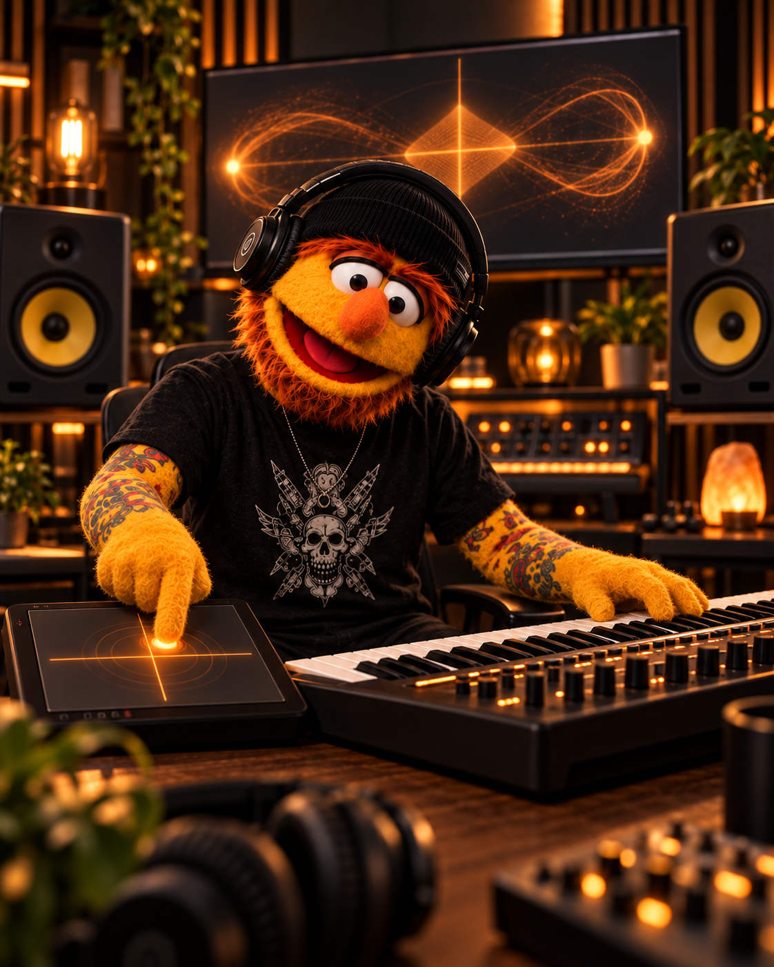 Don Fader operando sintetizadores analógicos y consolas con iluminación cálida en el estudio