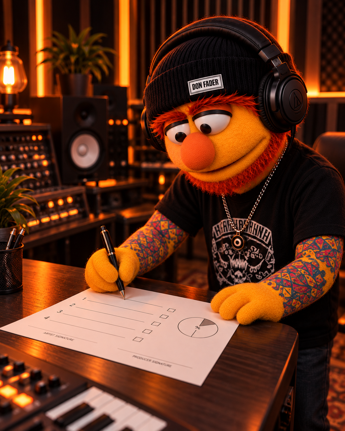 Don Fader firmando un acuerdo de split sheet de composición en el estudio