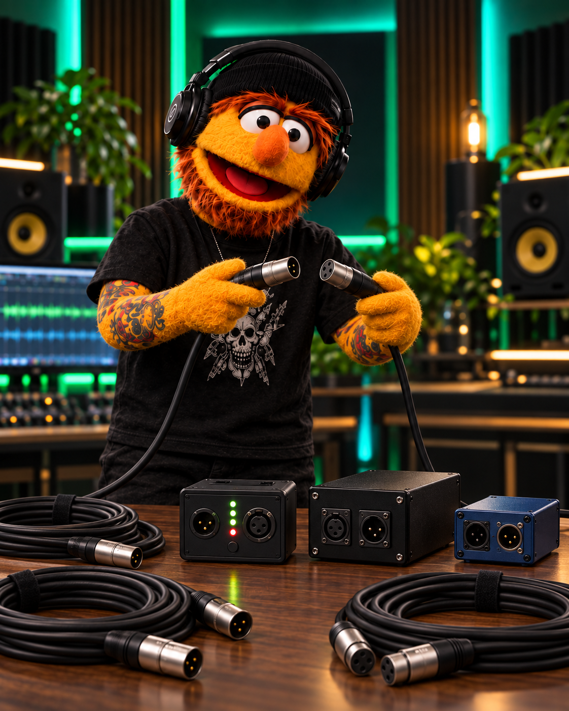 Don Fader inspeccionando conexiones, racks y cables de audio para una señal limpia