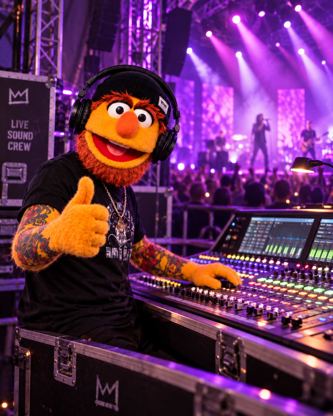 Don Fader operando efectos en vivo en la consola de mezclas