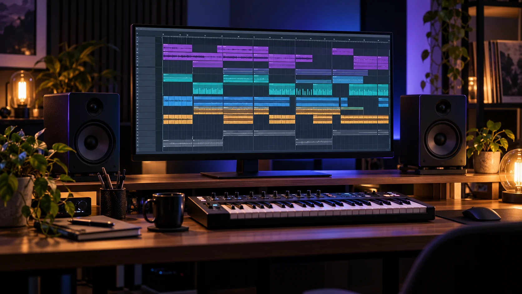 Arreglo de una canción con clips de audio y MIDI distribuidos en la pantalla de un home studio.